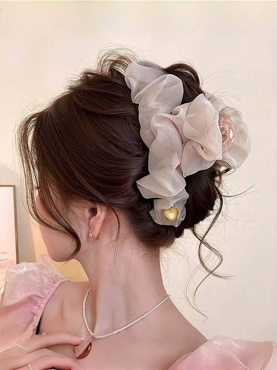 1个新款优雅弹簧发爪发夹，柔软褶皱网状大号发夹，女士适用 - 彩色 - 查看 1