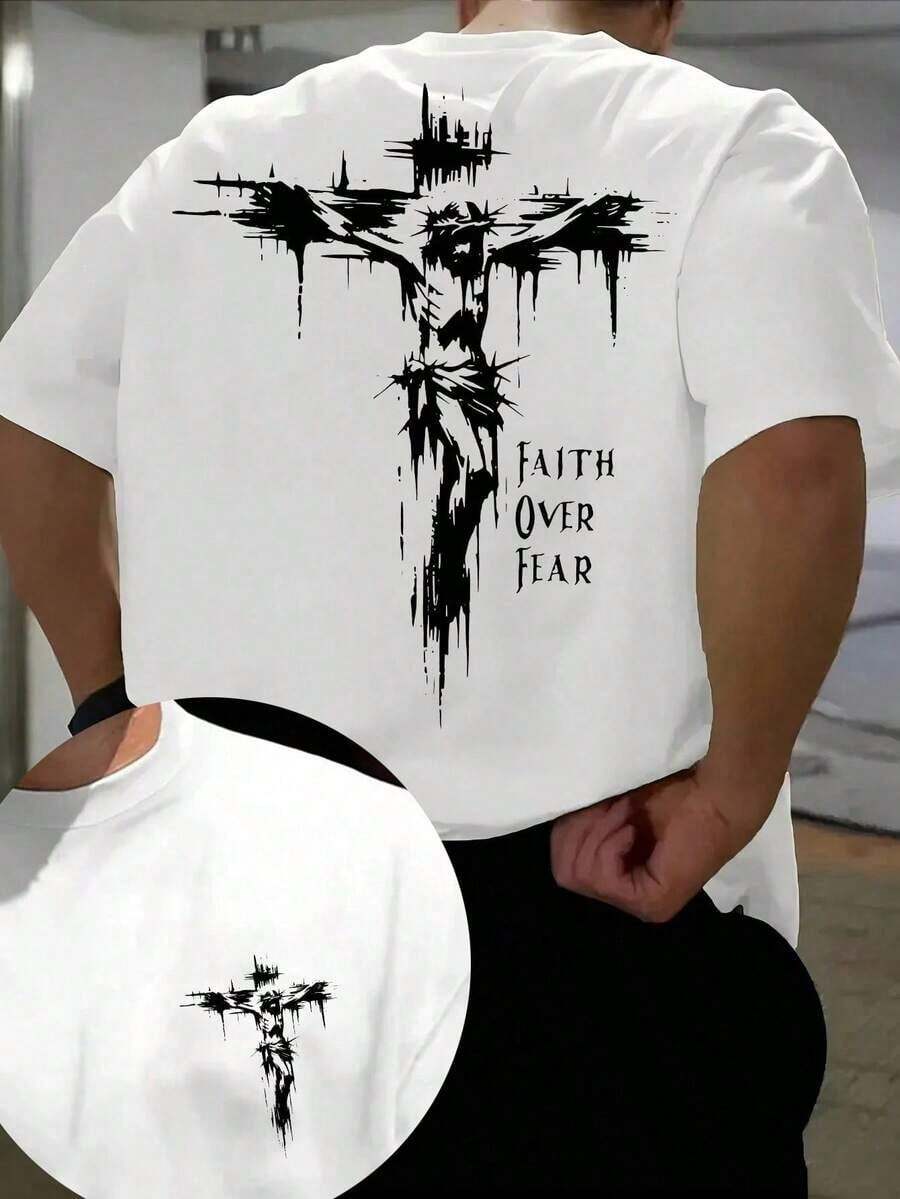 Men's Short Sleeve Sports T-Shirt - "Faith Over Fear" Cross Print, Breathable And Comfortable, Regular Fit, Machine Washable, Black With Colorful Graffiti Design, Relaxed Fit Plus Size T-Shirt X7KM 100% Cotton - 白色 - 查看 1
