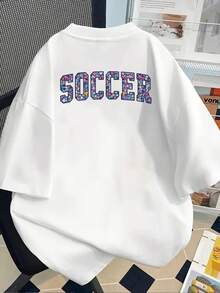 New 180g Short-Sleeved T-Shirt, 1% Cotton, With Front And Back Prints - FOOTBALL Theme - Fashionable Printed T-Shirt For Women, Short-Sleeved, Suitable For All Seasons, Modern Clothing - Can Be Worn As A Base Layer In Spring And Autumn Or Alone In Summer, Unisex. - 白色 - 查看 2