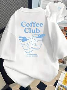 New 180g Short-Sleeved T-Shirt, 1% Cotton, With Front And Back Prints - Coffee Club, Coffee Cup - Fashionable Printed T-Shirt For Women, Your Best Choice! - Suitable For Layering In Spring And Autumn, And For Wearing Alone In Summer, Unisex Style. - White - View 1