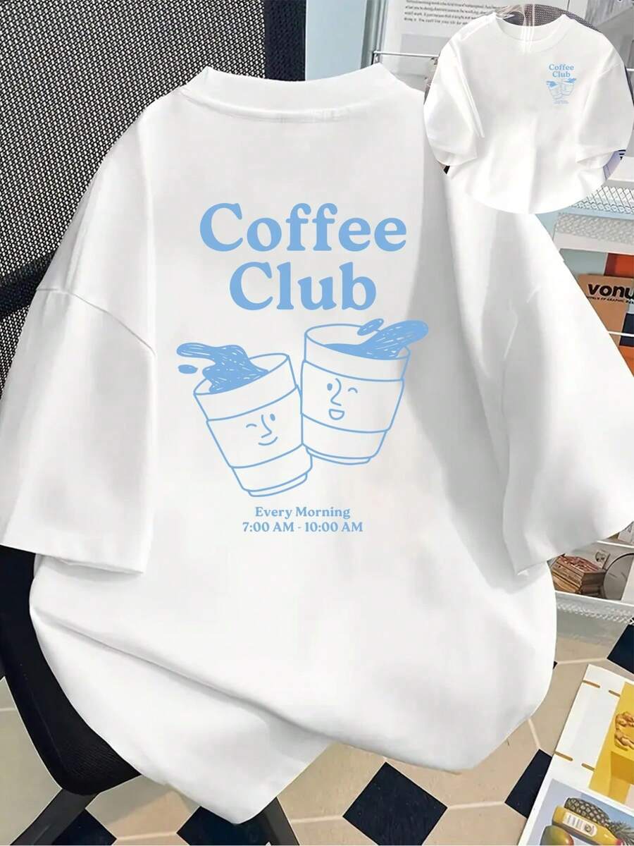 New 180g Short-Sleeved T-Shirt, 1% Cotton, With Front And Back Prints - Coffee Club, Coffee Cup - Fashionable Printed T-Shirt For Women, Your Best Choice! - Suitable For Layering In Spring And Autumn, And For Wearing Alone In Summer, Unisex Style. - White - View 1