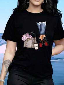 Mexican Women's T-Shirt, Fashion Graphic T-Shirt With Design Of A Woman With A Handbag, Coffee And Heels, Suitable For: Home, Sports, Parties, Valentine's Day, St. Patrick's Day, Easter, Fashionable Summer Cotton T-Shirt - 黑色 - 查看 4