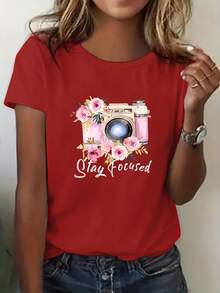 Women's Plus Size Cotton Crew Neck Casual T-Shirt, Casual Sports Tee, Floral Camera Print, Comfortable And Fitted Short Sleeve T-Shirt,  And Breathable Casual Top. Simple T-Shirt For Everyday Wear. - 紅色 - 查看 7
