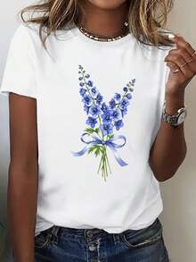 Women's Loose Fit T-Shirt - Casual Short Sleeve Blouse With White And Blue Floral Print, Breathable And Soft Crew Neck T-Shirt, Suitable For Everyday Wear In Spring And Summer, Machine Washable. Unisex Urban Vintage Style Cotton Loose Fit Short Sleeve Crew Neck T-Shirt. - 白色 - 查看 5