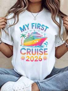 "My First Cruise 2026" T-Shirt For Women, Summer Travel Gift For Cruise Celebration, Casual T-Shirt, 220g - Urban Vintage Style, Unisex, Loose Fit, Cotton, Short Sleeve, Crew Neck, 100% Pure Cotton - 白色 - 查看 1