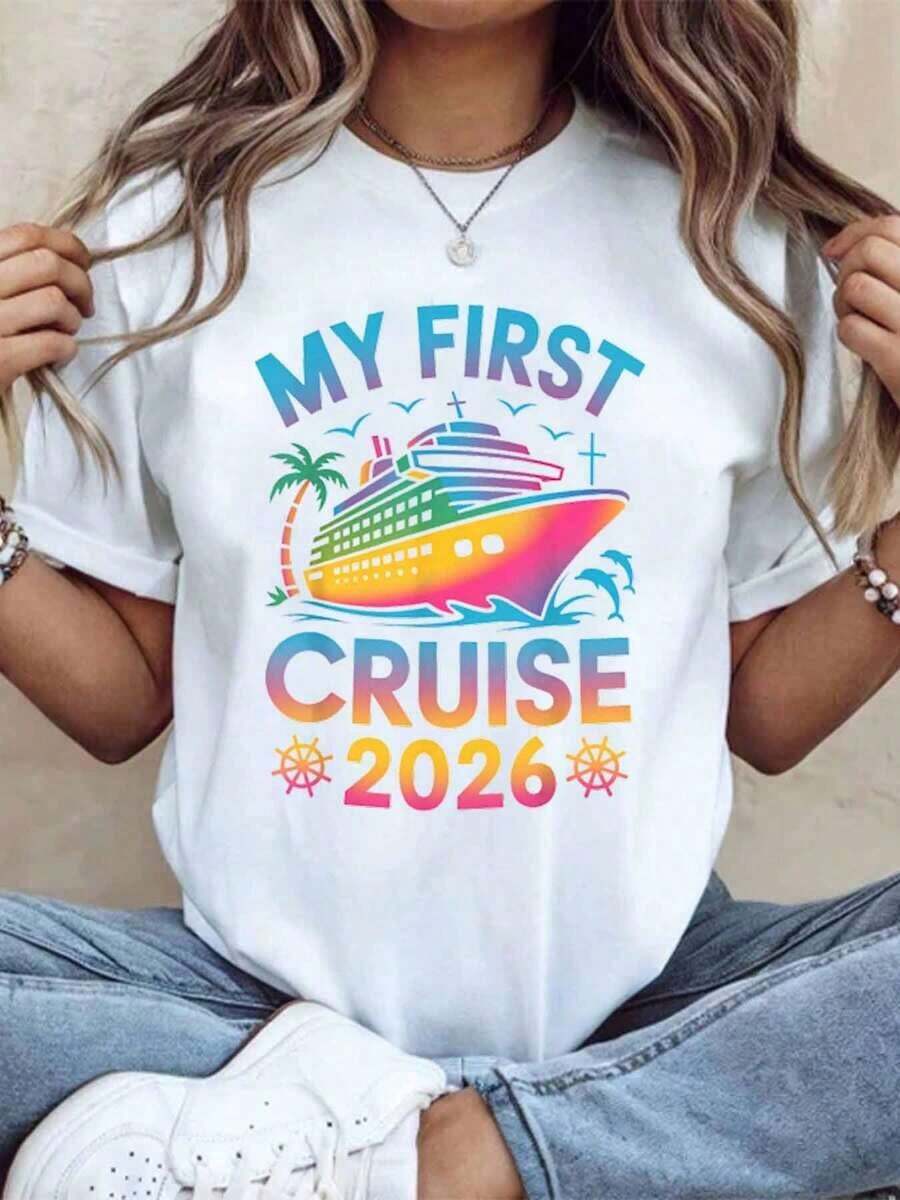 "My First Cruise 2026" T-Shirt For Women, Summer Travel Gift For Cruise Celebration, Casual T-Shirt, 220g - Urban Vintage Style, Unisex, Loose Fit, Cotton, Short Sleeve, Crew Neck, 100% Pure Cotton - 白色 - 查看 1