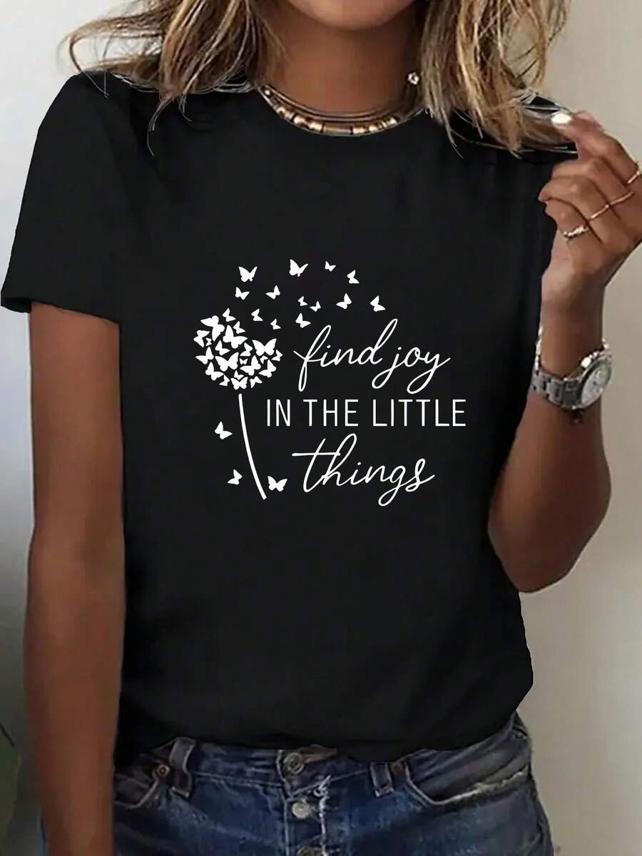 Women's Short Sleeve T-Shirt With Dandelion And Letter Print - Casual Round Neck Top Compatible With Blouse, Suitable For All Seasons, Opaque Machine Washable Shirt With Dandelion And Letter Print, For Daily Wear In The Office, Running Errands And Lounging At Home - 黑色 - 查看 1