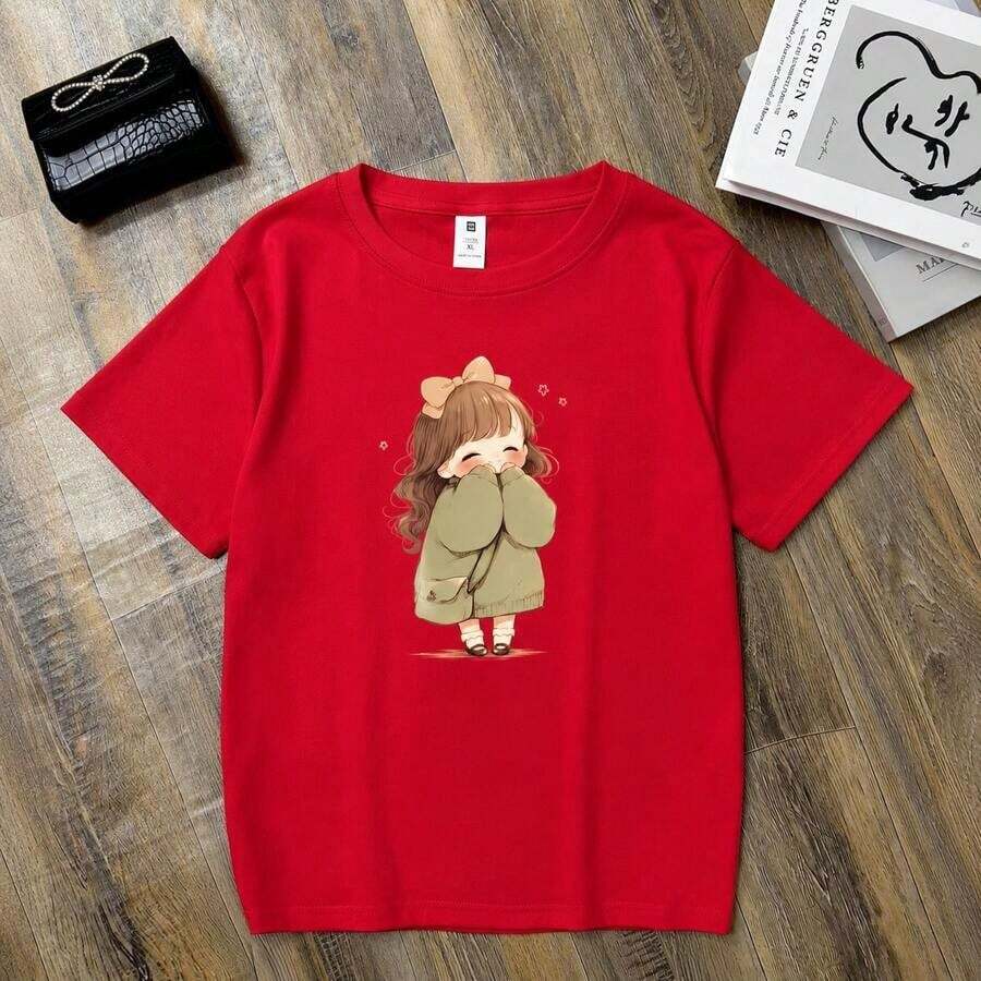 Women's Anime Print T-Shirt - Korean Style, Cute Short Sleeve Anime T-Shirt With Round Neck, Casual Summer Top For Outfits (Machine Washable) Soft - 紅色 - 查看 1