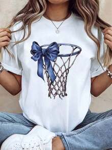100% Cotton 1 Piece Women's Casual Graphic Basketball T-Shirt - Short Sleeve Crew Neck Casual T-Shirt With "Basketball" Print And Geometric Pattern. Comfortable Summer Activewear For Everyday Wear Or Basketball Game Parties. Perfect For Basketball Enthusiasts. Simple Solid Color Women's T-Shirt, 100% Soft Cotton, Loose And Fitted Cut, Casual Short Sleeves. - 白色的 - 查看 10