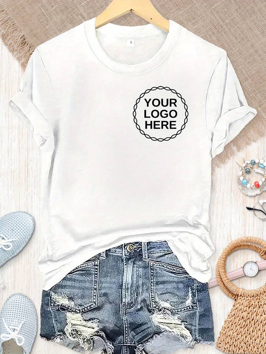 Women's Modern, Casual T-Shirt, Perfect For Parties And Lounging At Home, 100% Cotton, Loose Fit. Custom Logo/Text T-Shirt, Personalized Company Logo T-Shirt, Business Logo T-Shirt, Team Logo Apparel, Custom Your Text T-Shirt - 白色 - 查看 1