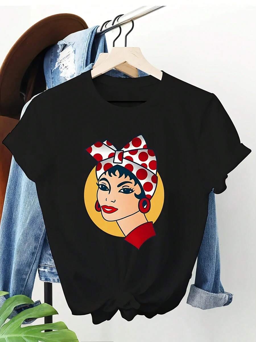 Lady, Elegant Party Outfit, T-Shirt For Elegant Ladies, Blouses Suitable For Curvy Women, Casual Clothing, Cool And Sweat-Free Clothing In Summer, Fun Letter Print - 黑色 - 查看 1