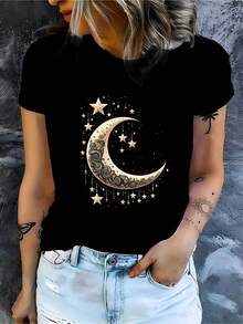 Women's Short-Sleeved T-Shirt With Round Neck, Featuring A Starry Sky, Stars And Moon Print, A Casual And Fashionable Top For Women. - 黑色 - 查看 1