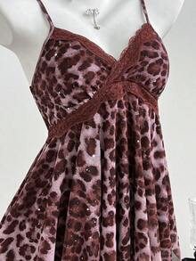 Top de mujer con estampado de leopardo y dobladillo asimétrico con encaje - Rojo - Ver 6