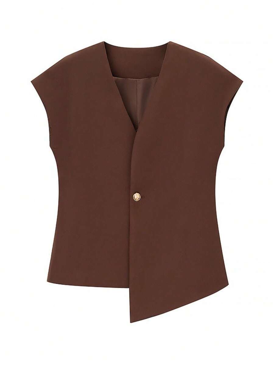 Women's Dress Vest, Sleeveless Design With V-Neck And Front Button Closure, Fitted Sack-Style Cut, Available In Various Solid Colors (Beige, Burgundy, Olive Green, Brown, Black), Faux Wool Fabric With A Fluid Drape, Elegant And Professional Style Ideal For Office, Work And Formal Spring And Autumn Events. - 棕色 - 查看 1