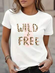 Soft, Breathable, And Lightweight For All-Day Wear. Women's Comfort White 100% Crew Neck T-Shirt With WILD & FREE Wolf And Pineapple Pattern - Casual Short-Sleeve Crew Neck T-Shirt, Suitable For Casual Wear, Comfortable For All Seasons, A Powerful Statement Of Feminine Fashion. A Weekend Style Casual Wear Shirt With A Fashionable Design, Breathable Material, Comfortable Fit, And A Silky Feel. Classic And Fashionable For Women. The Crew Neck With A Relaxed Fit Flatters All Body Shapes And Is Easy To Pair With Jeans, Shorts, And Leggings. - 白色 - 查看 7