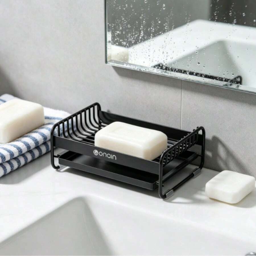2026 New Carbon Steel Soap Dish With Drain, Bathroom Countertop Soap Holder, Self-Draining Soap Storage Rack For Shower & Laundry - Black - View 1