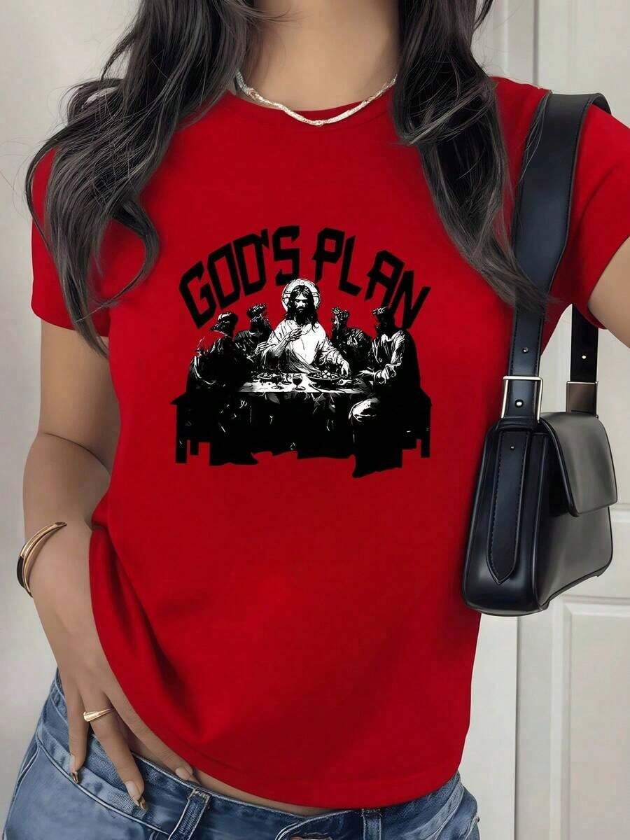 2026 New Cotton-Shirt 100% Cotton Sacred Gathering With Central Figure Symbolizing Faith And Spiritual Union Around A Table With Classic Details Women's T-Shirt In Soft Fabric % Cotton White Women's Simple Solid Color-Shirt, Loose And Casual Short Sleeve - 紅色的 - 查看 1
