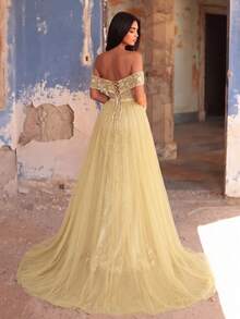 Faeriesty Váy dạ hội đuôi cá dài trễ vai đính kim sa vàng phong cách lãng mạn thanh lịch, tay dài thường, chi tiết đính hạt cho tiệc - Rượu sâm banh - Xem 2