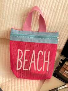 高飽和度撞色網格托特包，印有「Beach」圖案的化妝收納包 - 夏季度假必備，多功能可重複使用購物袋，海灘包，旅行盥洗包，泳衣收納袋，日常用品收納袋。適用於海灘、度假、購物、派對、辦公室、學校，非常適合作為旅行紀念品、教師節禮物、返校禮物、派對贈品、節日禮物 - 彩色 - 查看 12