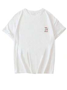 Casual Round Neck Short Sleeve T-Shirt, Wine Glass Illustration Print, Minimalist Style, New Vintage Summer Collection, Versatile And Elegant Top For Women, White Summer Tops. - 白色 - 查看 4