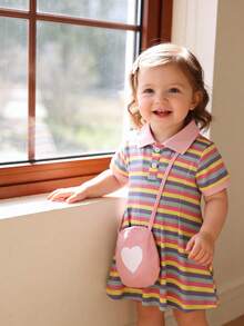 2pcs/Set Girls' Rainbow Striped Polo Dress And Heart Print Handbag Set, Short Sleeve Casual Summer Baby Girl Outfit, Cute And Charming - Multicolor - View 1