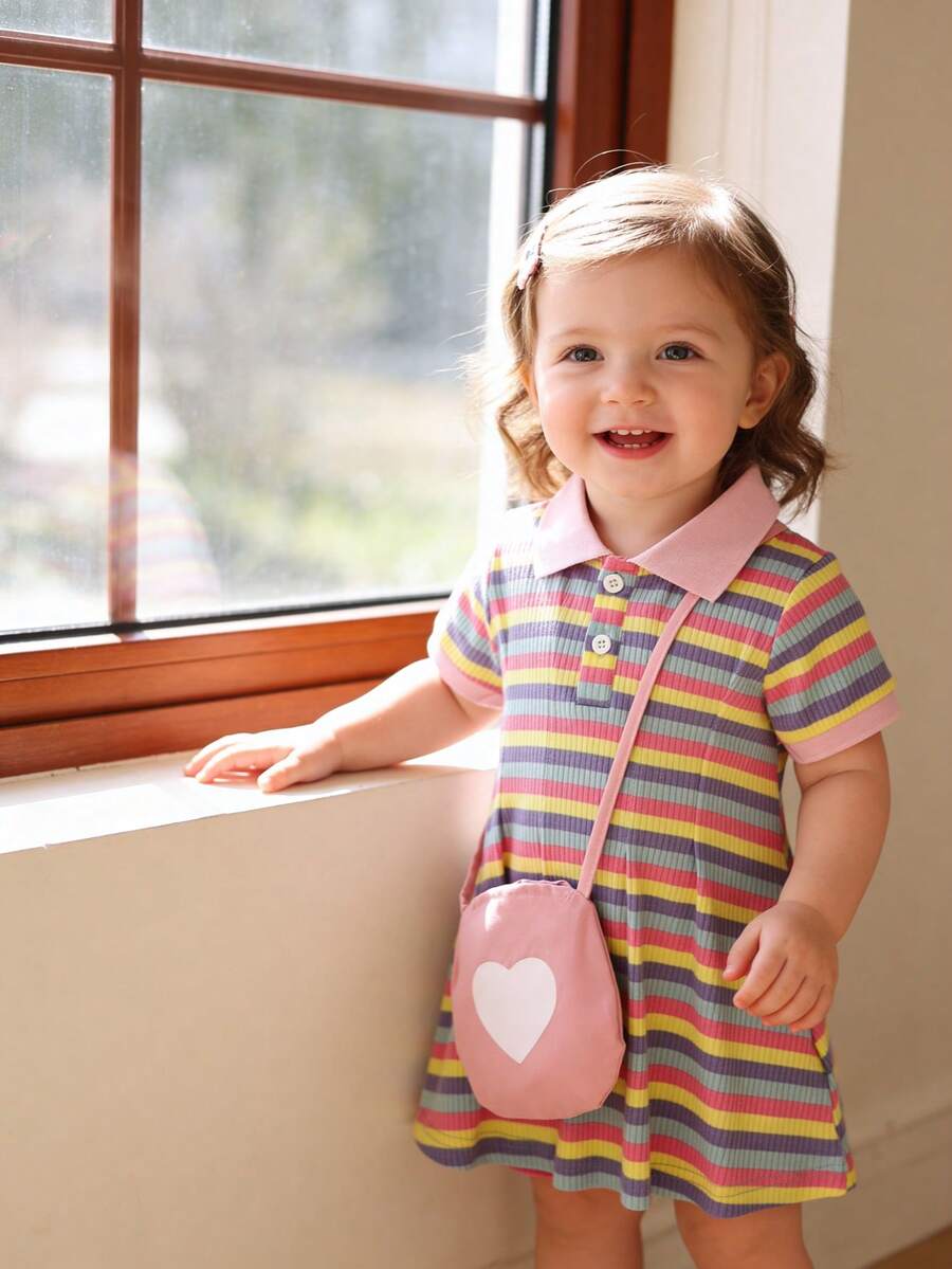 2pcs/Set Girls' Rainbow Striped Polo Dress And Heart Print Handbag Set, Short Sleeve Casual Summer Baby Girl Outfit, Cute And Charming - Multicolor - View 1