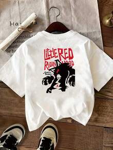 | Exquisite Design | Loose And Comfortable | Easy To Match | T-Shirt With A Print On The Front And Back, Featuring Little Red Riding Hood And The Wolf, Round Neck, Short Sleeves, Casual Style For Women, Comfortable Fit, Soft To The Touch Fabric, Classic Design, A Must-Have Fashion Item For Women. - 白色 - 查看 2