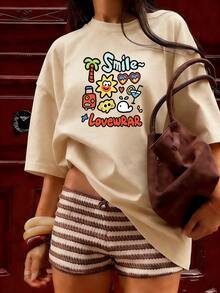Summer Cartoon T-Shirt With "Smile~" Text, Fashionable Short-Sleeved T-Shirt For Spring And Summer 2026, Made In Mexico, 180 Grams. Cartoon Print, Couple Design, Suitable For Indoor Or Outdoor Wear. Crew Neck, Unisex, Ideal For Office And Leisure. One-Pack. - APR-P631577SLNDXZGY595 - 查看 3