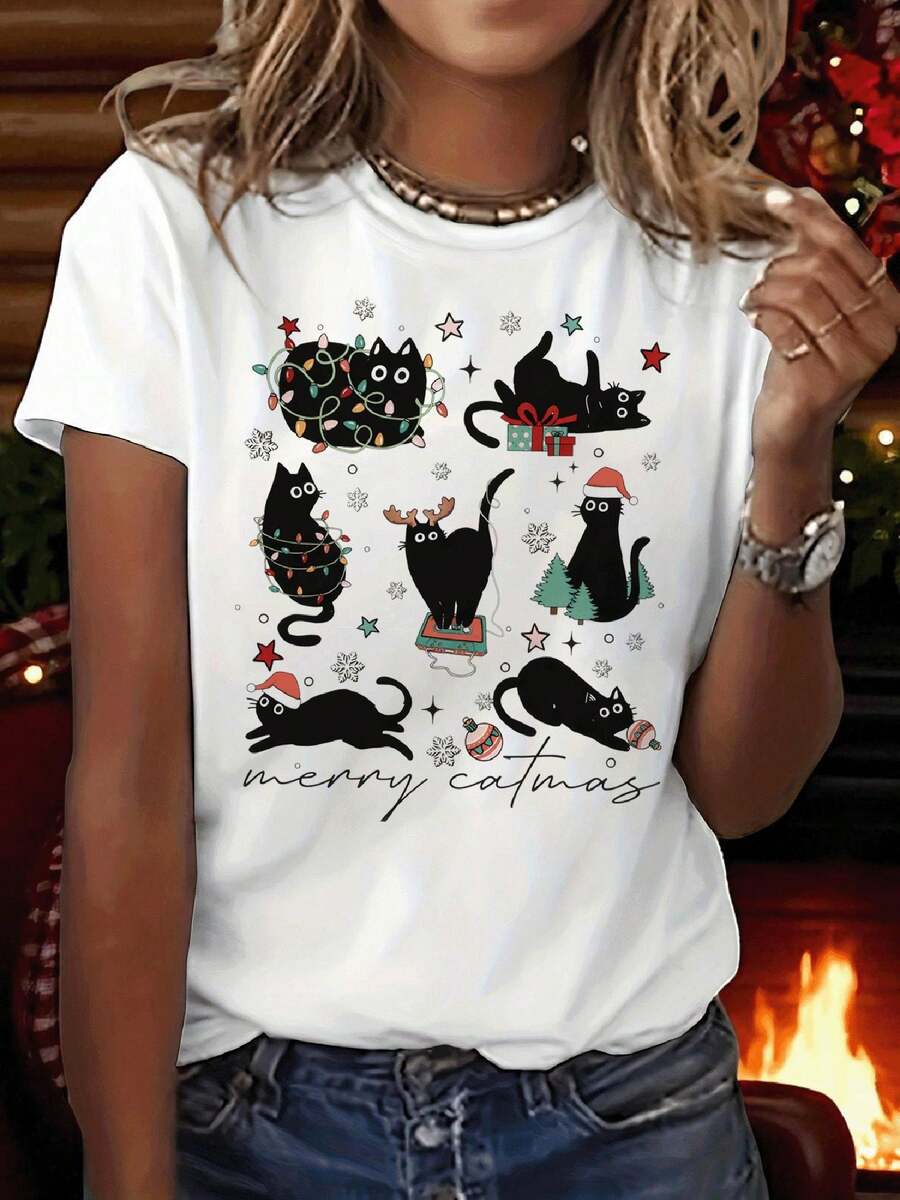 Women's Printed T-Shirt With Festive Black Cat And Christmas Decorations - Casual Short Sleeve Crew Neck T-Shirt, Relaxed Fit For All Seasons, Perfect For Everyday Wear And Holiday Outfits (Machine Washable). - 白色 - 查看 1
