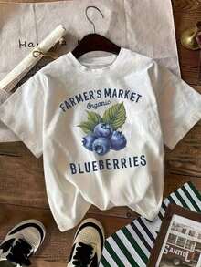 White Crew Neck Camisole With Blueberry Print - Casual Short Sleeve Camisoles, Regular Fit For Year-Round Wear, Machine Washable Fruit Themed Clothing, Suitable As A Gift. Women's T-Shirt. Elegant Blouses. Boho Chic. Soft, Breathable, And Comfortable Women's Top, Ideal For Spring, Summer, And Autumn, Perfect For Vacations, Travel, And Everyday Wear. - 白色的 - 查看 6
