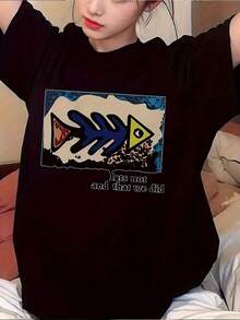 Women's T-Shirt With Simple And Versatile Y2K Style Design With Fishbone Pattern - Casual Short Sleeve T-Shirt 100% Cotton, Blue And Brown Geometric Print, Loose H-Shaped Fit For Spring, Summer And Autumn - Elegant Casual Garment And Impactful Artistic Piece. - 黑色 - 查看 2