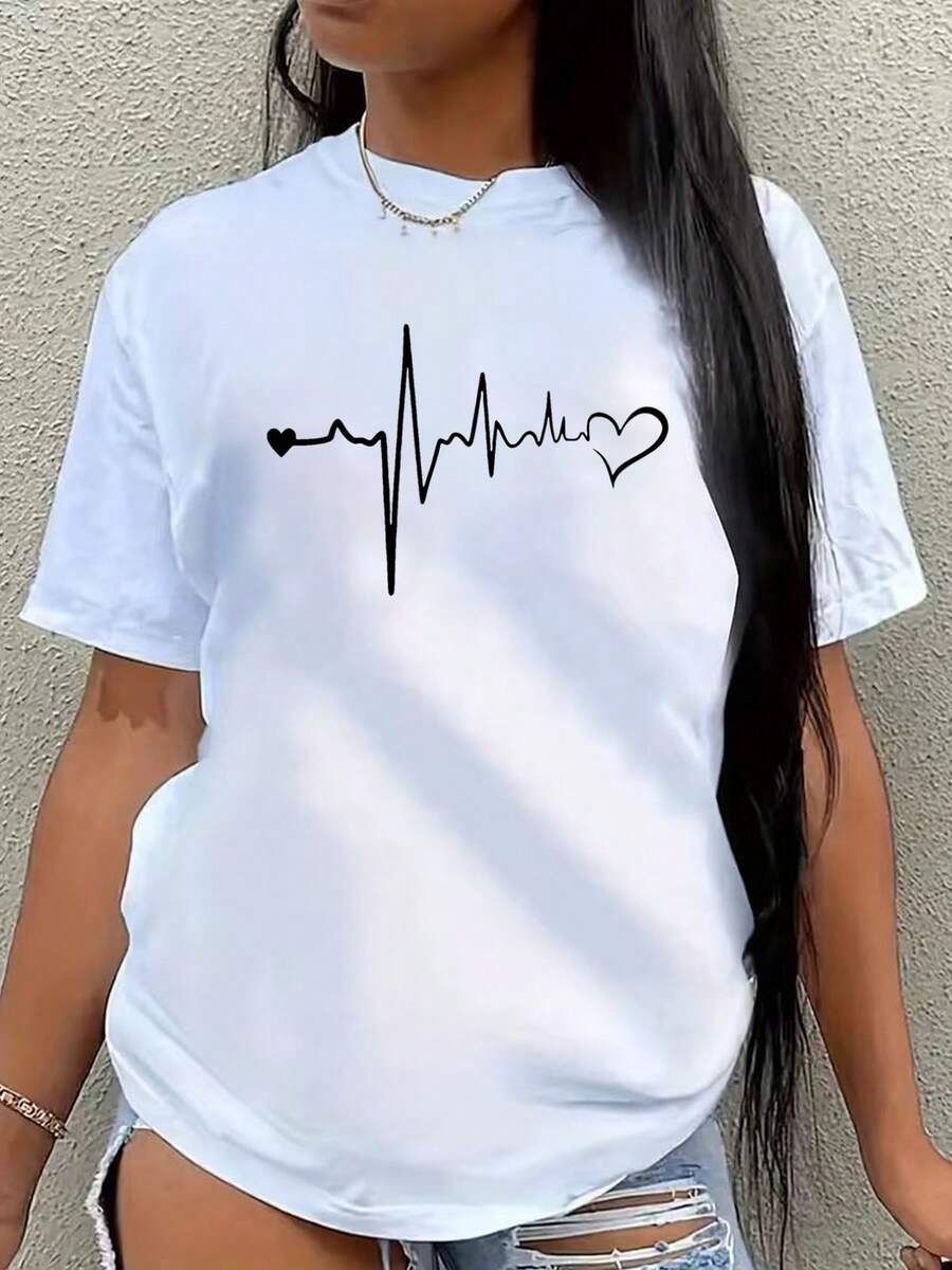 Women's Short-Sleeved T-Shirt With Heart Print And Round Neck, Casual And Comfortable, Soft And Breathable, Classic Design, Versatile For Daily Wear, Good Elasticity, Lightweight And Breathable Fabric, Machine Washable, Comfortable T-Shirt For Daily Wear, Suitable As A Top Or T-Shirt For Women In Spring, Summer And Autumn. - 白色 - 查看 1