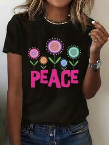 Women's Casual Short Sleeve T-Shirt With Peace Symbol And Butterfly Print - 'PEACE' Design, Black, Crew Neck, All Seasons (Spring, Summer, Autumn), Machine Washable Blouse For Vacation, Gym And Casual Wear - Casual Opaque T-Shirt For Layering, Suitable As A Gift. Women's T-Shirt. Blouses>Elegant. Boho Chic, Soft, Breathable And Comfortable Women's Top, Ideal For Spring, Summer And Autumn, Perfect For Vacation, Travel And Everyday Wear. - 黑色 - 查看 7