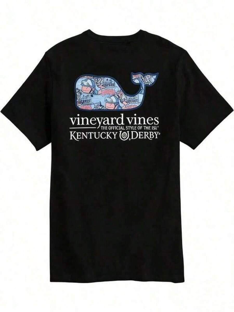 Vineyard Vines Men's Short-Sleeved T-Shirt With Pocket And Whale Print, Kentucky Derby Style, Pure Cotton - Unisex Vintage Casual Long-Sleeved Crew Neck Sweatshirt, Relaxed Fit, For Autumn/Winter - Women's Casual Printed T-Shirt, Short Sleeve And Crew Neck, Local Spring/Summer Street Fashion. - 黑色 - 查看 1