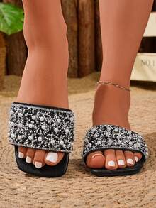 Giày sandal đế bằng màu trơn thời trang mới nhất, kiểu dáng bất đối xứng, thanh lịch, thích hợp đi biển, dự tiệc cưới, công sở, mùa xuân/hè cho nữ. - màu đen - Xem 2