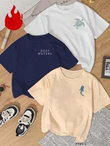 Set Of 1 Women's Short-Sleeved T-Shirt With Round Neck, Minimalist And Colorful Graphic Print Of Letters, Sea Turtle, Dolphin And Jellyfish, Versatile, Suitable For Women's Blouses, Casual Holiday Wear, Spring - 白色 - 查看 2