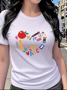 Women's Casual Short Sleeve Crew Neck T-Shirt - Teacher's Day Themed Heart Print, Loose Fit In Light Gray, Machine Washable, Versatile For Everyday Wear, Work And Parties - Perfect Teacher's Day Gift, Teacher Apparel, Modern And Comfortable Fabric, Exclusive Gift For Educators. - 白色 - 查看 1