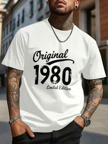 Men's Cotton Crew Neck Graphic Print T-Shirt, Black And White Options, Original 1980 Limited Edition, Oversized Casual Wear T-Shirts, Loose Short Sleeve Tops For Spring, Fashionable Basic Summer T-Shirts, Gift Clothing For Men - 黑色 - 查看 11