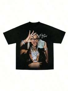 T-Shirt With A Female Celebrity Portrait Print, Comfortable And Casual Short-Sleeved, Made Of Heavyweight Cotton. 100% Cotton. Suitable For Casual And Versatile Wear In Spring, Summer, And Autumn. - 3 - 查看 1