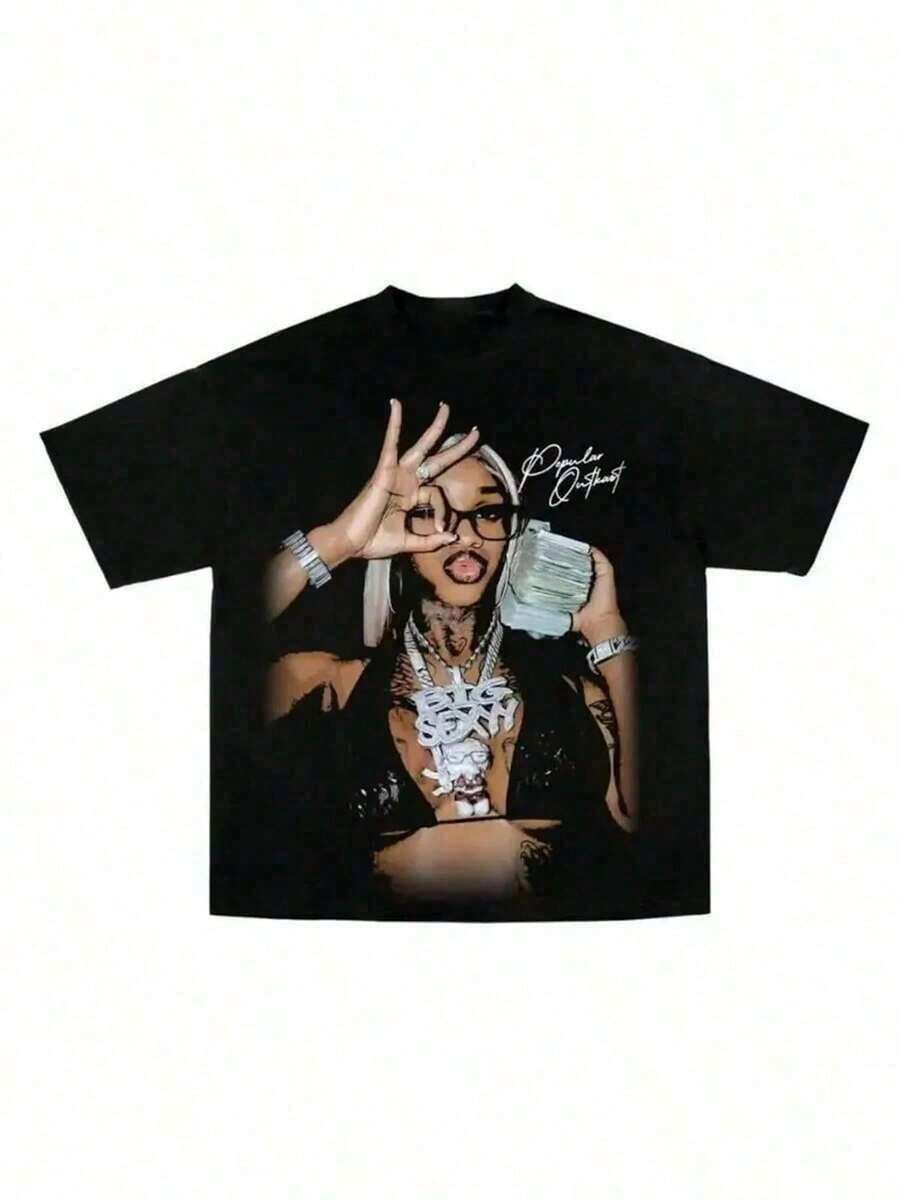T-Shirt With A Female Celebrity Portrait Print, Comfortable And Casual Short-Sleeved, Made Of Heavyweight Cotton. 100% Cotton. Suitable For Casual And Versatile Wear In Spring, Summer, And Autumn. - 3 - 查看 1