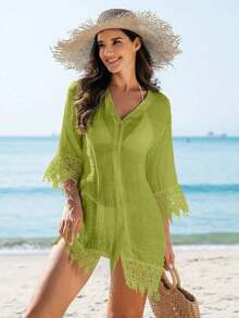 Swim Vcay Kimono cubrecuerpo para damas de un solo color con aplicaciones de encaje y botones delanteros - Verde Oliva - Ver 5