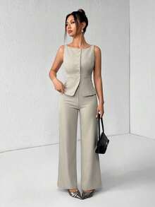 PETITE Conjunto de chaleco y pantalones de un solo pecho de unicolor con cuello redondo, elegante traje de oficina para mujer, ropa de mujer de verano y otoño, conjunto de oficina, ropa casual de negocios, conjunto de dos piezas, ropa de oficina de otoño para mujer, conjunto de blazers para mujer - Caqui - Ver 7