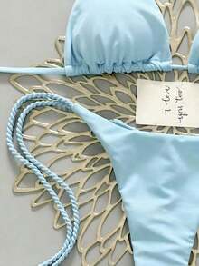 2 piezas Conjunto de traje de baño para mujer, Bikini verde menta con decoración de cuerda hecha a mano - Celeste - Ver 3