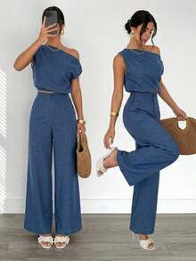 Conjunto de blusa suelta asimétrica sin hombros con baño de oro sin mangas y pantalones de pierna ancha con cintura elástica, adecuado para citas, fiestas, viajes diarios, festivales de música, ceremonias de graduación, atuendos de maestros y ocasiones formales - Azul - Ver 1