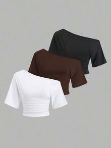 1 Set Camiseta de 3 piezas con hombros oblicuos, fruncidos y recogidos para mujer - Multicolor 2 - Ver 9