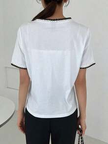 Camiseta De Manga Abullonada Con Ribete De Contraste - Blanco - Ver 8