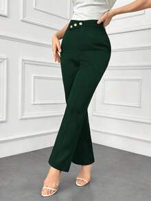 Pantalones elegantes de mujer con pierna recta, cintura suelta y detalles de botones para otoño/invierno - Verde Oscuro - Ver 6