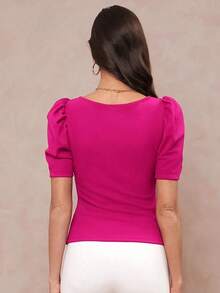 Clasi Top de escote corazón de corte ajustado con mangas tipo cordero, color rojo rosa - Rosa Fucsia - Ver 2