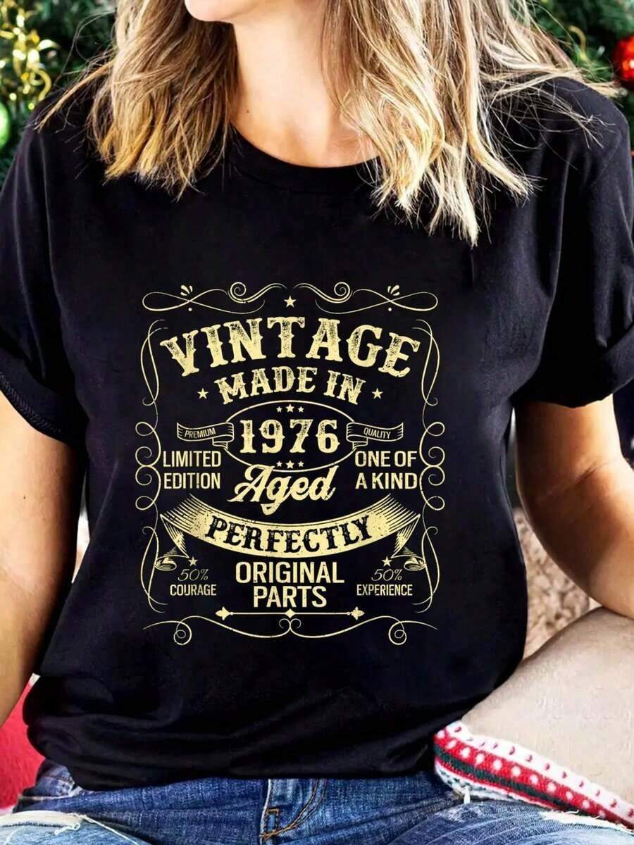 Vintage 1976 T-Shirt Made Or Born In 1976 With Original Parts, 100% Cotton, Breathable And Comfortable Fit, Short Sleeve And Round Neck For All Seasons - Black - View 1