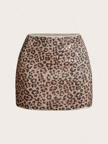 Minifalda elegante y sexy con estampado de leopardo y lentejuelas para fiesta - Beis - Ver 1